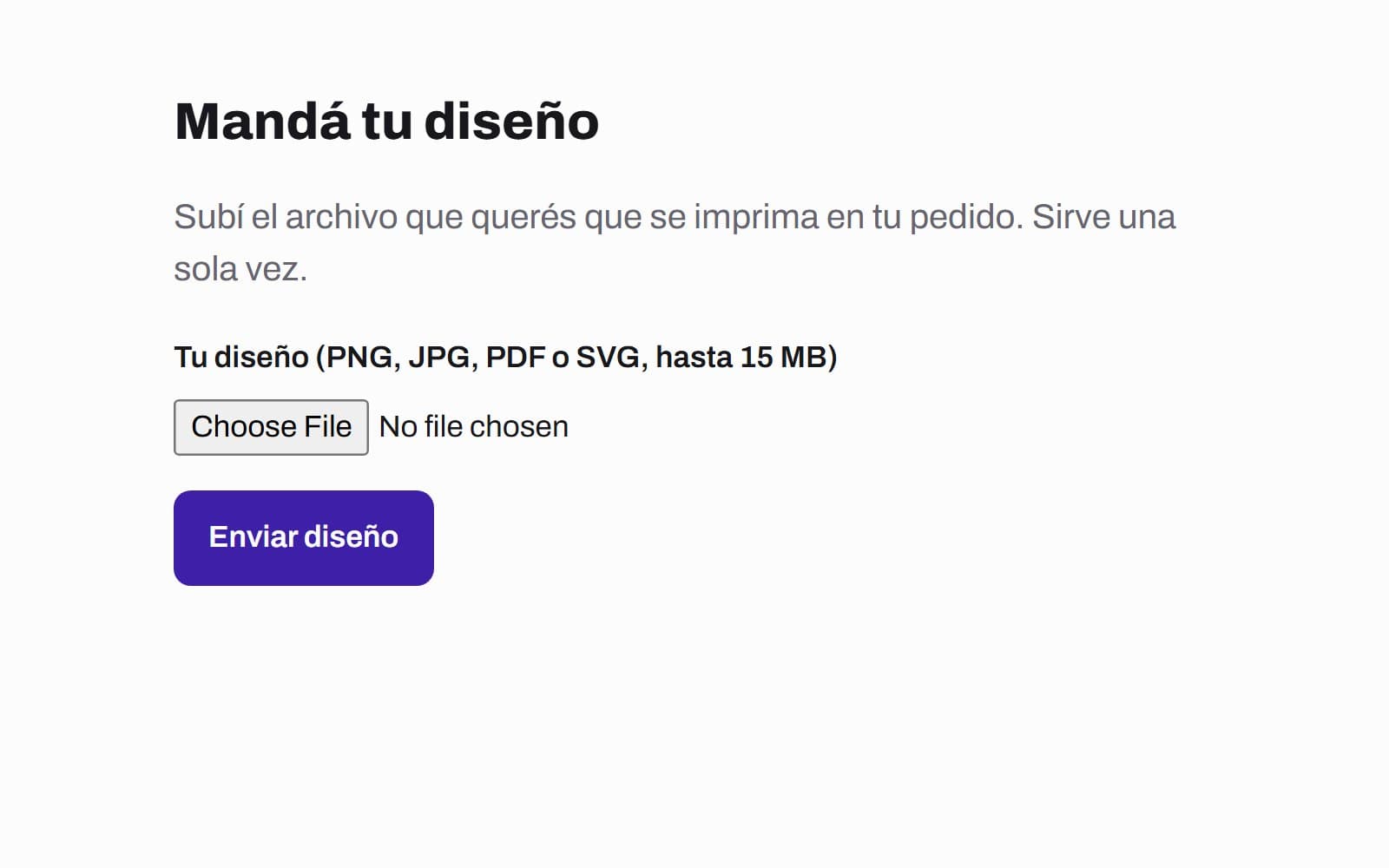 Página donde el comprador sube su diseño: un botón para elegir el archivo y otro para enviarlo.
